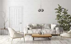 ソファ、ベージュのアームチェア、木製のコーヒーテーブル、白い壁にドアを持つリビングルームのモダンなインテリアデザイン3Dレンダリング