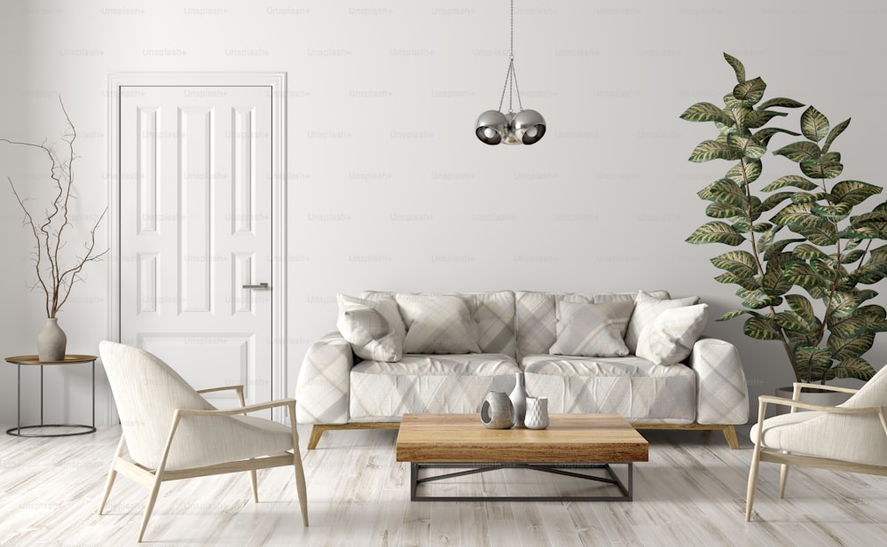 Design interior moderno da sala de estar com sofá, poltronas bege, mesa de centro de madeira, porta contra a parede branca renderização 3d