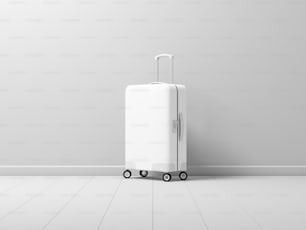 Maqueta de equipaje de maleta blanca en habitación blanca, renderizado 3D