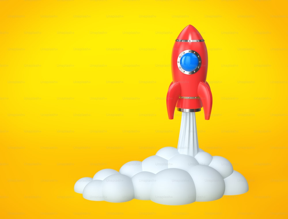 赤いロケット打ち上げ。起業のコンセプト。3Dレンダリング