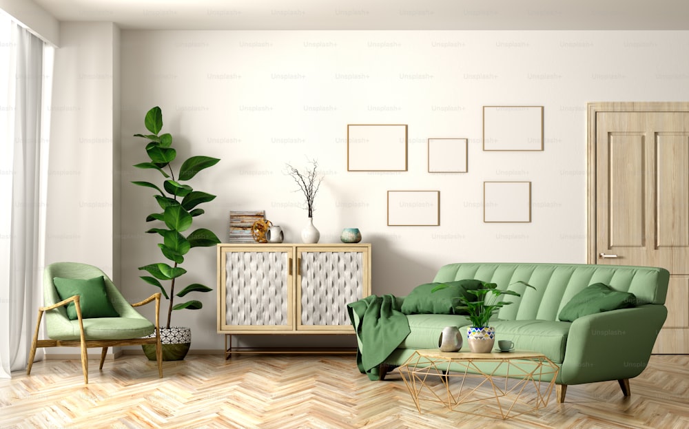 Modernes Interieur des Wohnzimmers mit grünem Sofa und Sessel, Holztür und -schrank, 3D-Rendering für Wohndesign