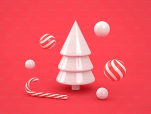 Abstract white christmas tree with candies on red background. Christmas, new year concept. 3D rendering