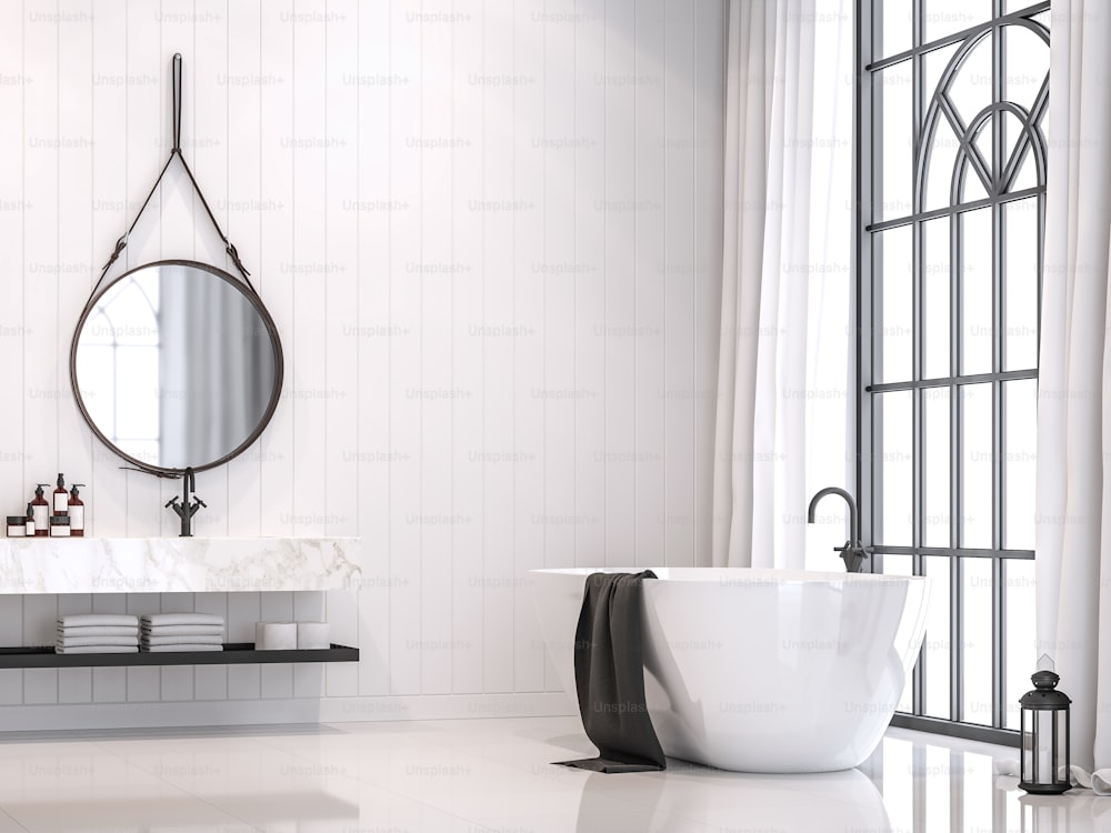 Rendu 3D de salle de bain vintage blanc moderne, Avec des murs en planches blanches, un sol blanc brillant et des comptoirs en marbre, les chambres ont de grandes fenêtres, la lumière naturelle brille à l’intérieur.