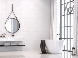 Moderno bianco vintage bagno 3d render, Con pareti di assi bianche, pavimento bianco lucido e ripiani in marmo, Le camere hanno grandi finestre, La luce naturale brilla all'interno.