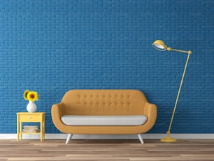 Buntes Wohnzimmer 3D-Rendering, Es gibt Holzboden, marineblaue leere Ziegelwand, dekorieren mit gelbem Stoffsofa