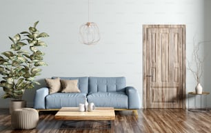 青いソファ、木製のコーヒーテーブル、ドア3Dレンダリングを持つリビングルームのモダンなインテリアデザイン
