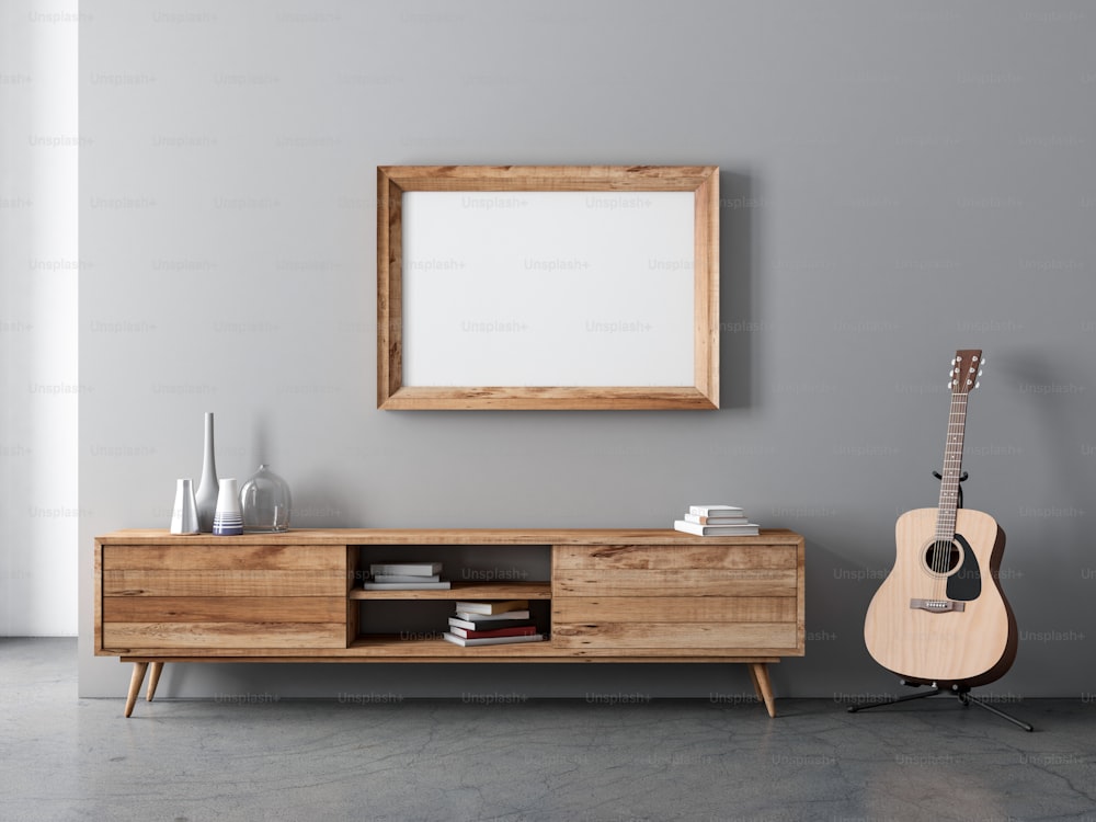 Horizontal Wooden Frame poster Mockup hanging above console and acoustic guitar, 3d rendering