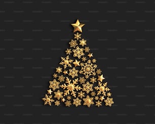 Flocons de neige dorés en forme d’arbre de Noël sur fond noir. Rendu 3D