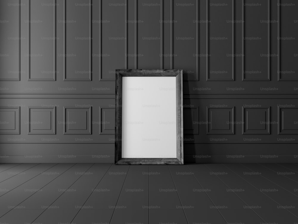 Maquete de moldura de madeira preta na sala preta, renderização 3d
