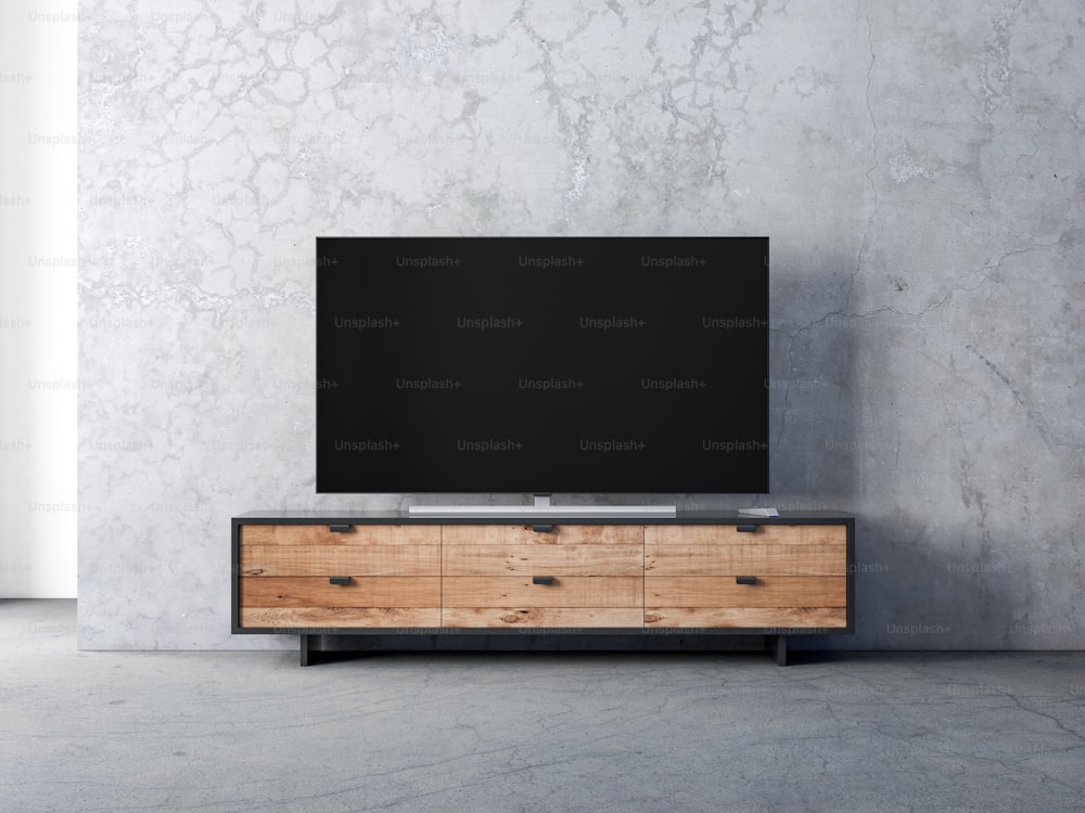 Maqueta de Smart Tv de pie sobre los muebles modernos de la sala de estar, renderizado 3D