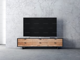 Smart-TV-Modell auf den modernen Möbeln im Wohnzimmer, 3D-Rendering