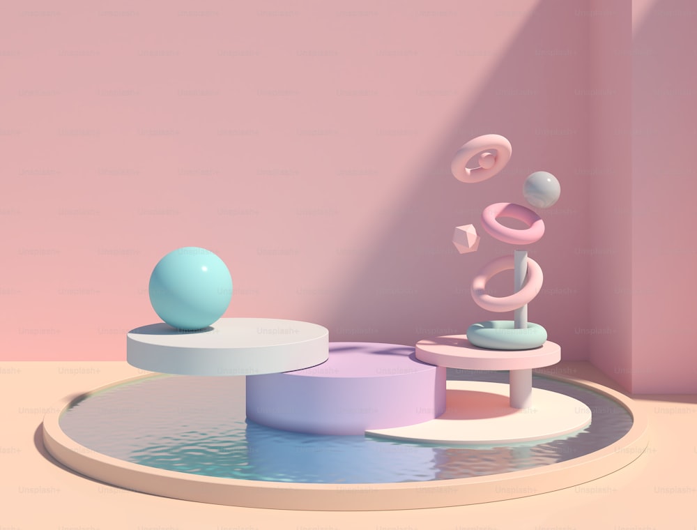 Minimal 3d rendering scene with podium and abstract background. Geometric shape in pastel colors.
