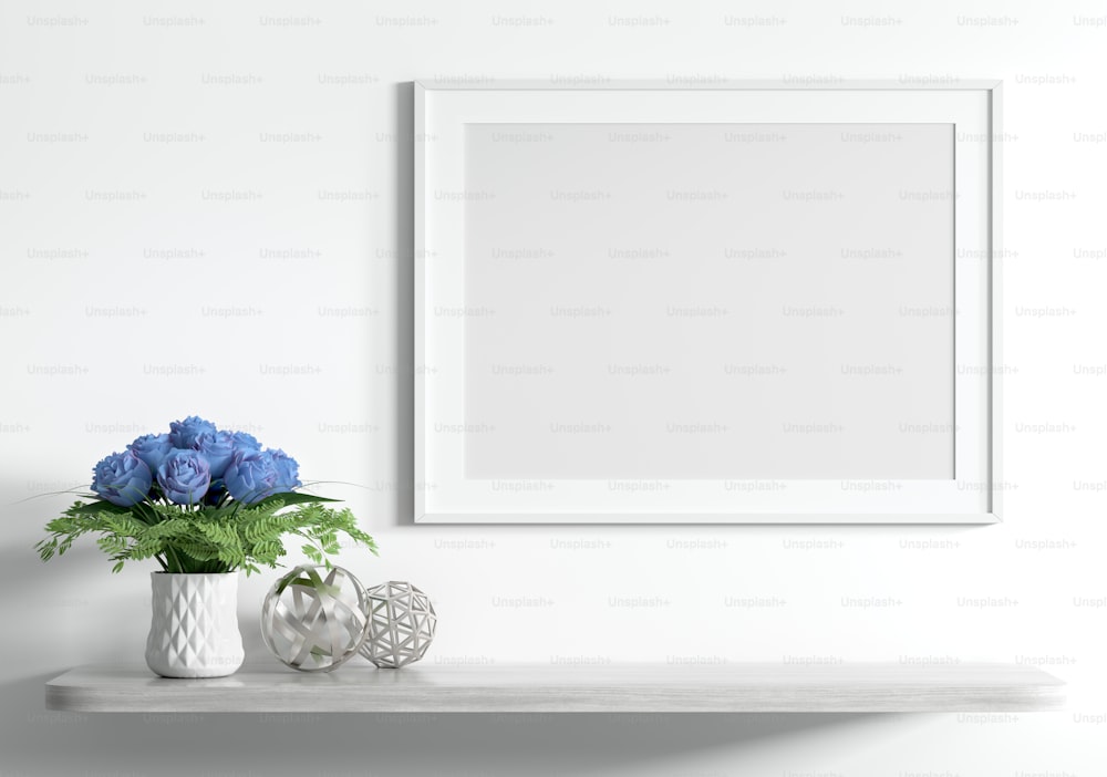 Poster di modello vuoto sopra la mensola di legno con mazzo di fiori sulla parete bianca, sfondo della decorazione interna rendering 3d