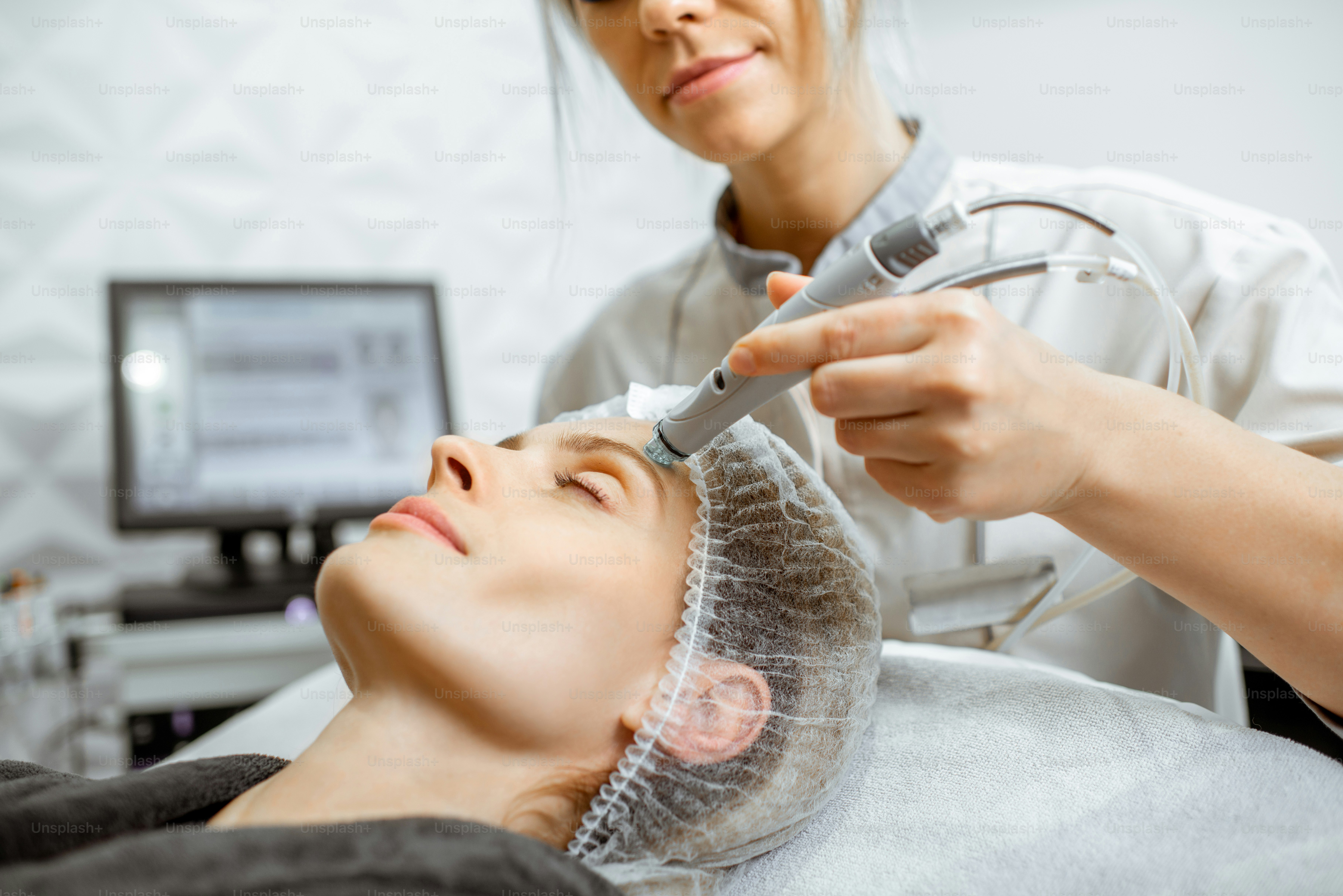 Cosmetologist making vacuum hydro peeling on the forehead region to a woman at the luxury beauty salon. Concept of a professional facial treatment