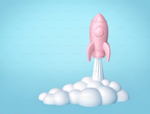 Raketenstart, Cartoon-Raumschiff auf blauem Hintergrund. 3D-Rendering