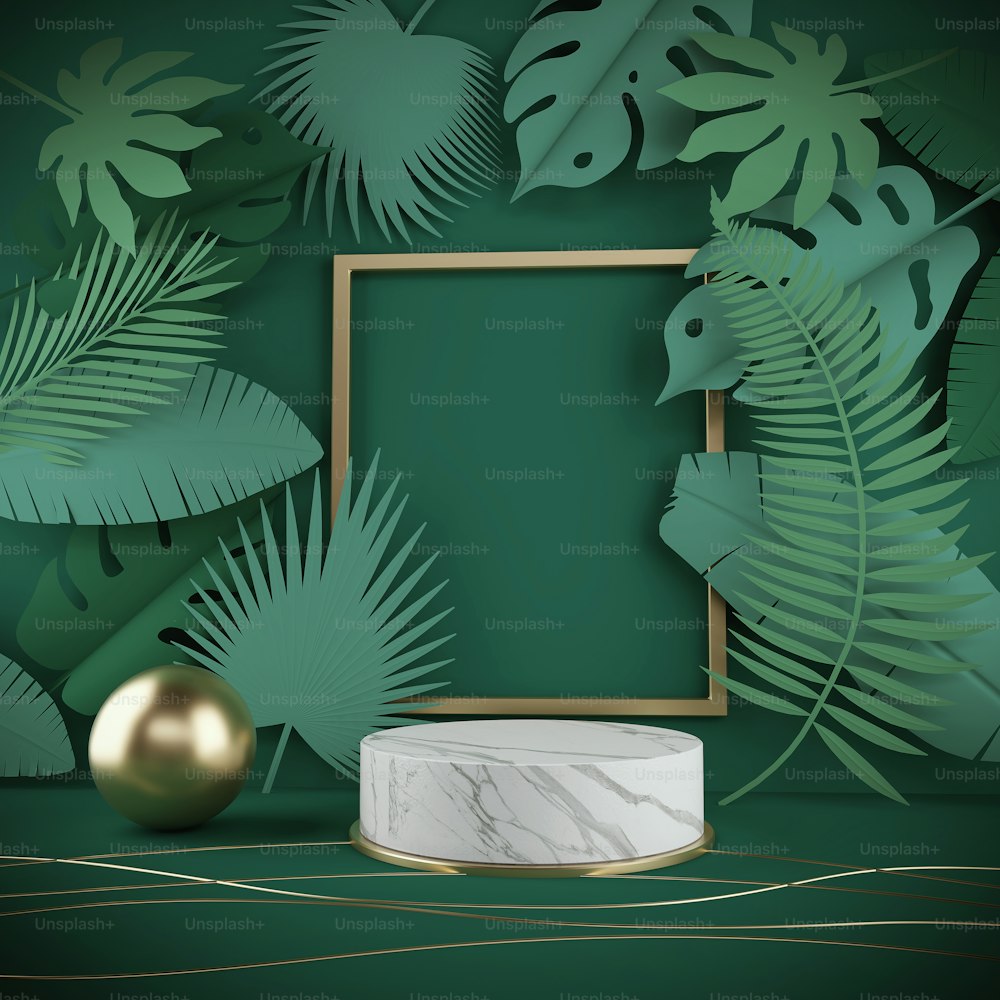 3d rendering scene podium display with Tropical leaf background.