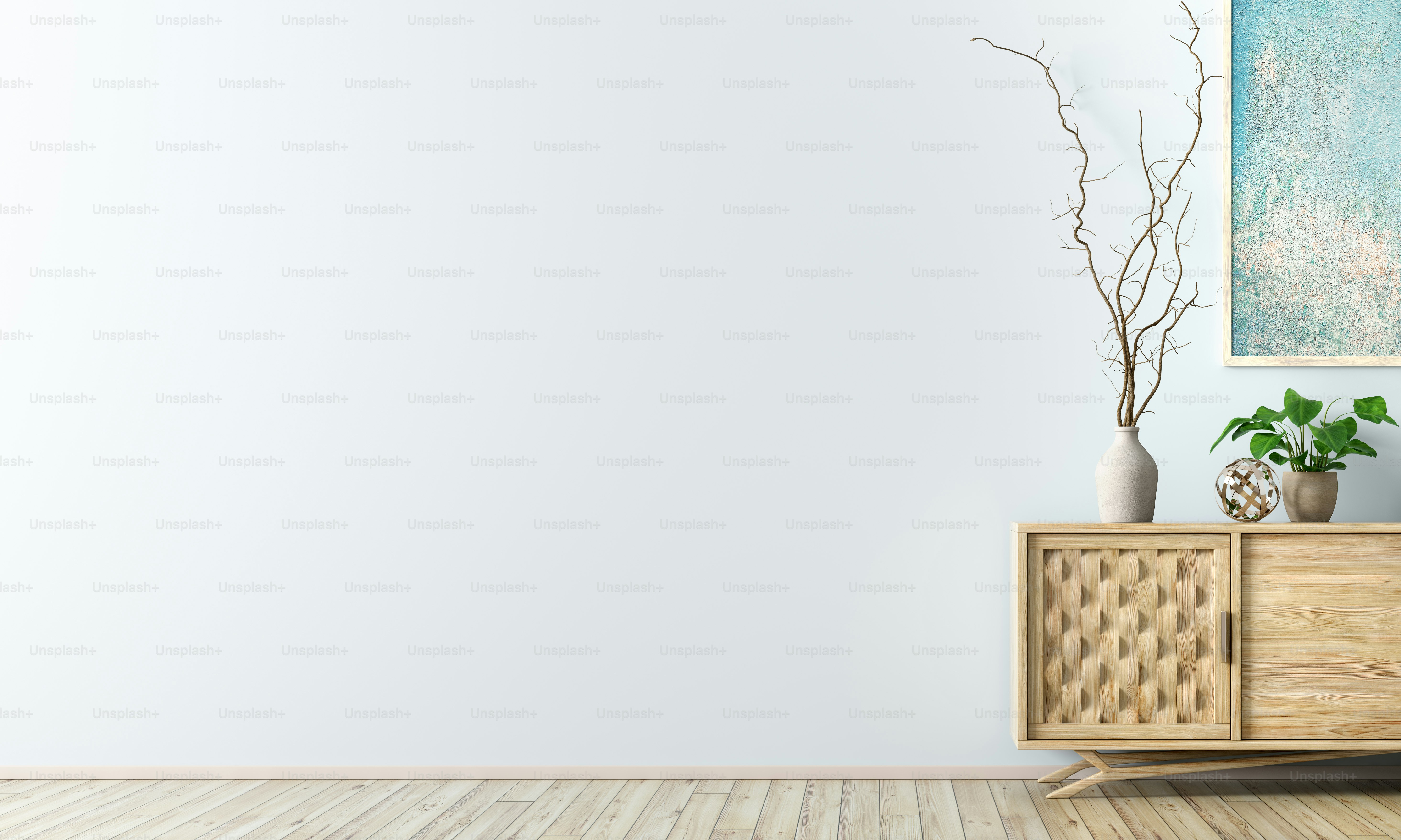Modern interior background of living room with wooden cabinet against blue wall with copy space 3d rendering