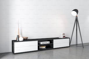 Tv console bureau mockup in empty room with lamp, 3d rendering