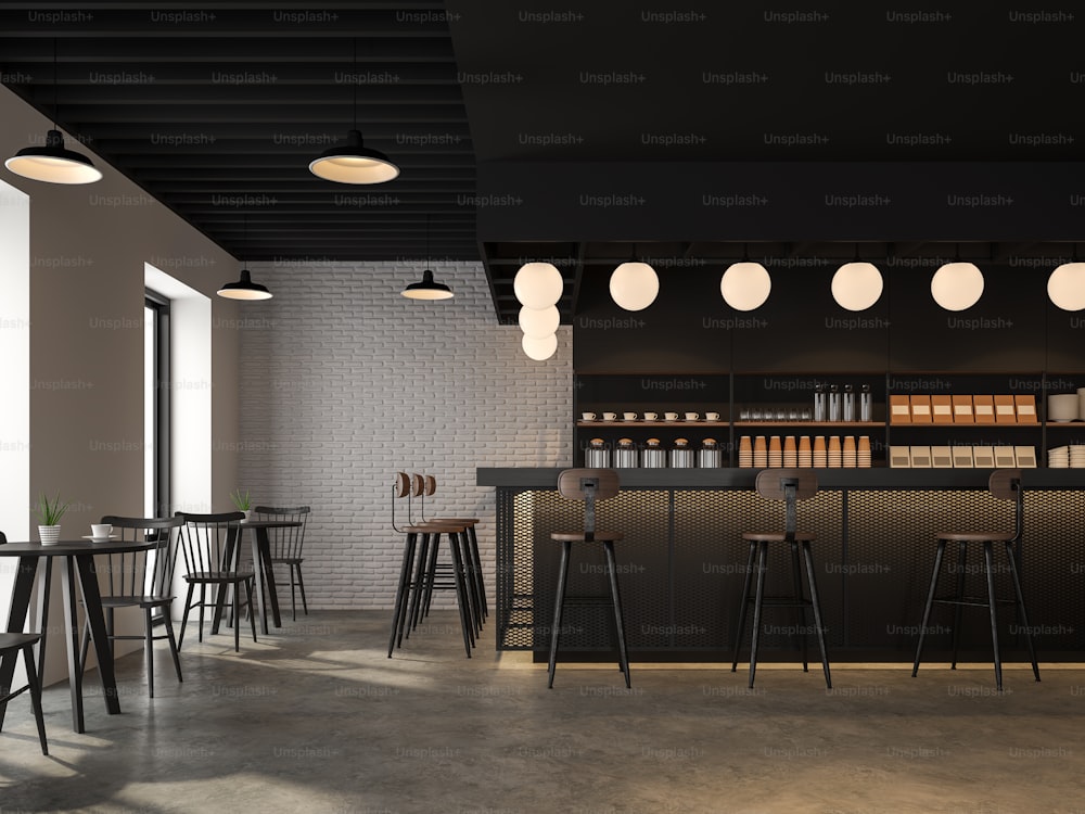인더스트리얼 로프트 스타일의 커피숍은 콘크리트 바닥, 흰색 벽돌 벽, 검은색 천장, 검은색 금속 메쉬로 장식된 나무 카운터 바가 있습니다. 아름다운 램프로 장식, 3d 렌더링