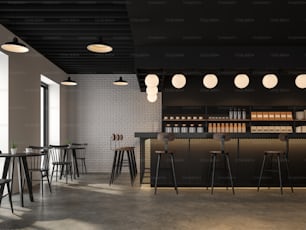 La caffetteria con design in stile loft industriale ha pavimenti in cemento, pareti in mattoni bianchi, soffitti neri, bancone bar in legno decorato con rete metallica nera. decorare con bella lampada, rendering 3d