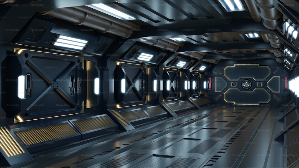 Fantascienza sfondo interno stanza fantascienza astronave corridoi giallo, rendering 3D
