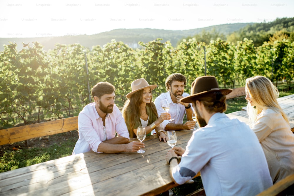 Gruppo di giovani che bevono vino e parlano insieme seduti al tavolo da pranzo all'aperto sul vigneto in una serata di sole