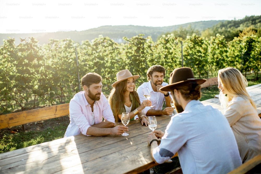 Group of a young people drinking wine and talking together while sitting at the dining table outdoors on the vineyard on a sunny evening