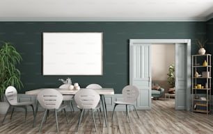 モダンなダイニングルームとリビングルームの内部、緑の壁に木製のテーブルと椅子、大きなモックアップポスターフレーム、引き戸3Dレンダリング