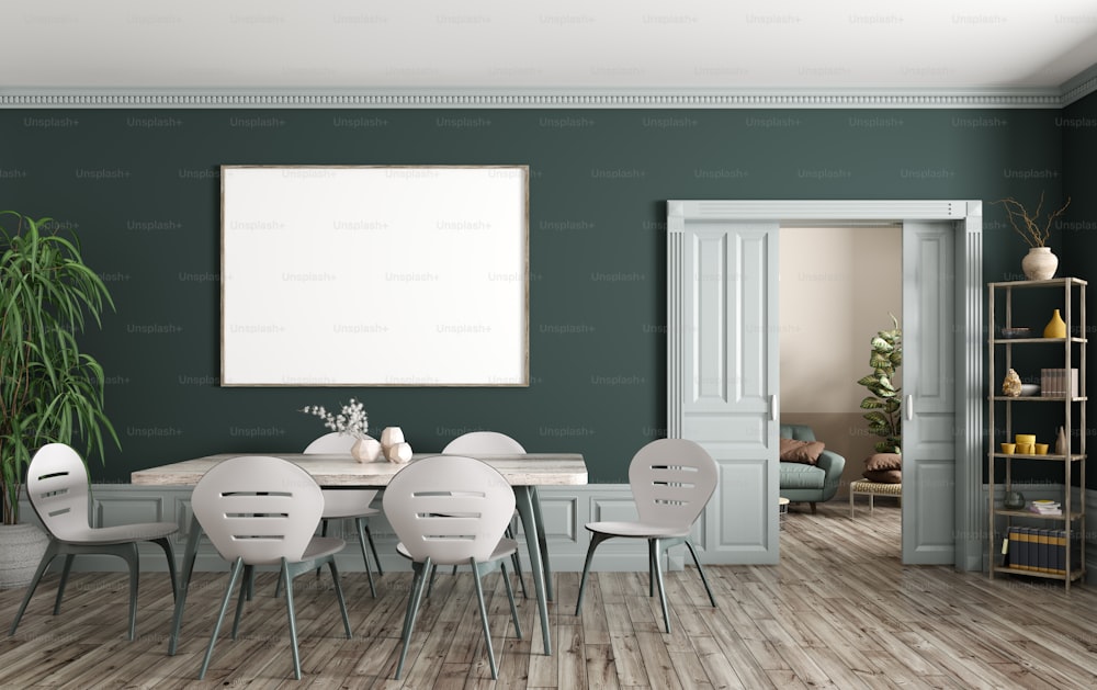 현대적인 식당과 거실의 인테리어, 녹색 벽에 나무 테이블과 의자, 큰 모형 포스터 프레임, 슬라이딩 도어 3d 렌더링