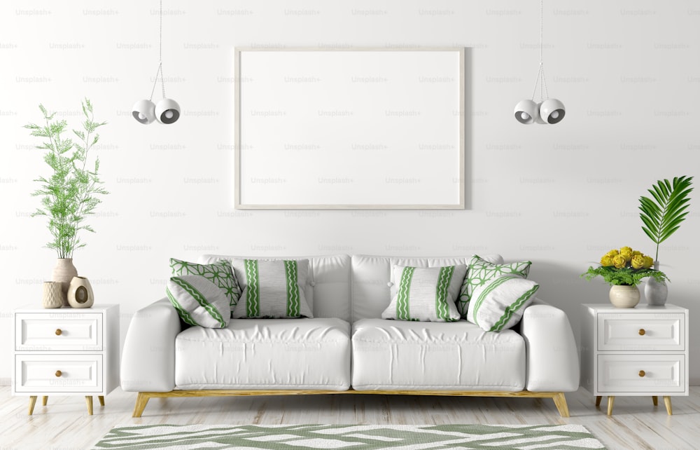 白い壁の3Dレンダリングの上に白いソファ、チェスト、ポスター、ライトを持つリビングルームのモダンなインテリア