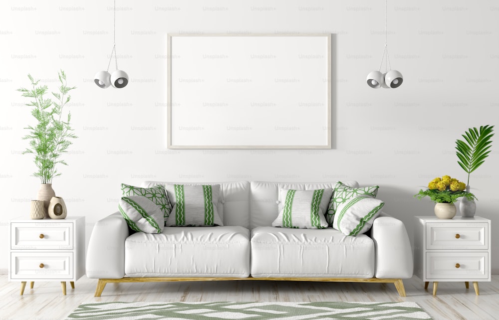 Modern interior of living room with white sofa, chests, poster and lights over white wall 3d rendering