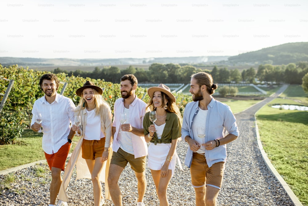 Grupo de jóvenes amigos vestidos casualmente pasando el rato juntos, caminando con copas de vino en el viñedo en un día soleado