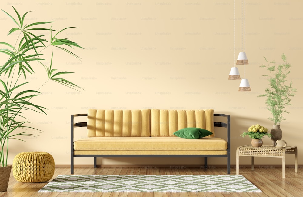 Modern interior of apartment, living room with sofa over yellow wall, coffee table and rug 3d rendering