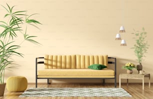 Interior moderno del apartamento, sala de estar con sofá sobre pared amarilla, mesa de café y alfombra 3d renderizado