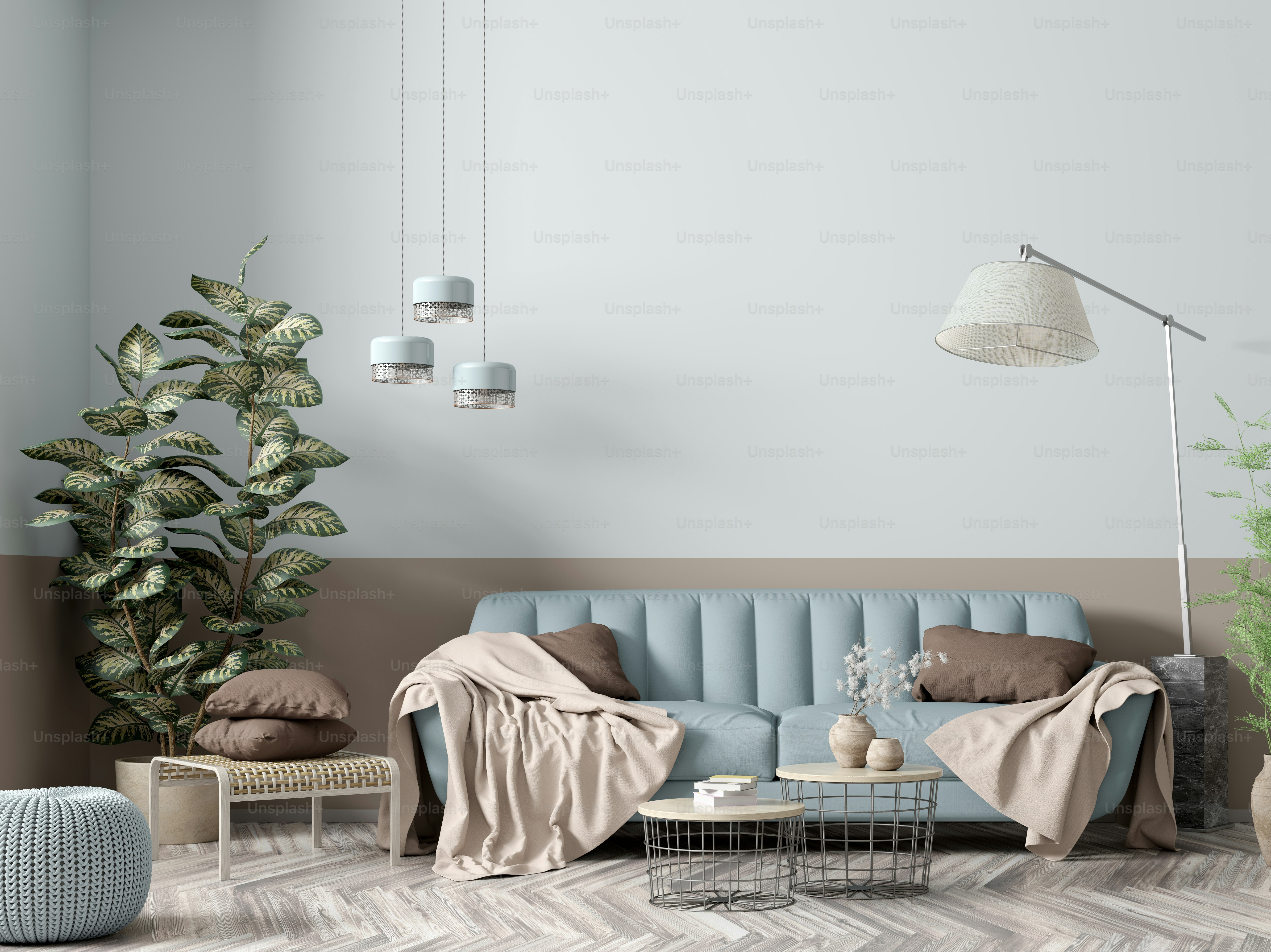 Modern interior of apartment, living room with blue sofa, floor lamp, coffee tables and plant 3d rendering