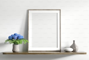 Mock up poster frame on wooden shelf with bouquet of blue roses and vases over white wall, interior decoration background 3d rendering