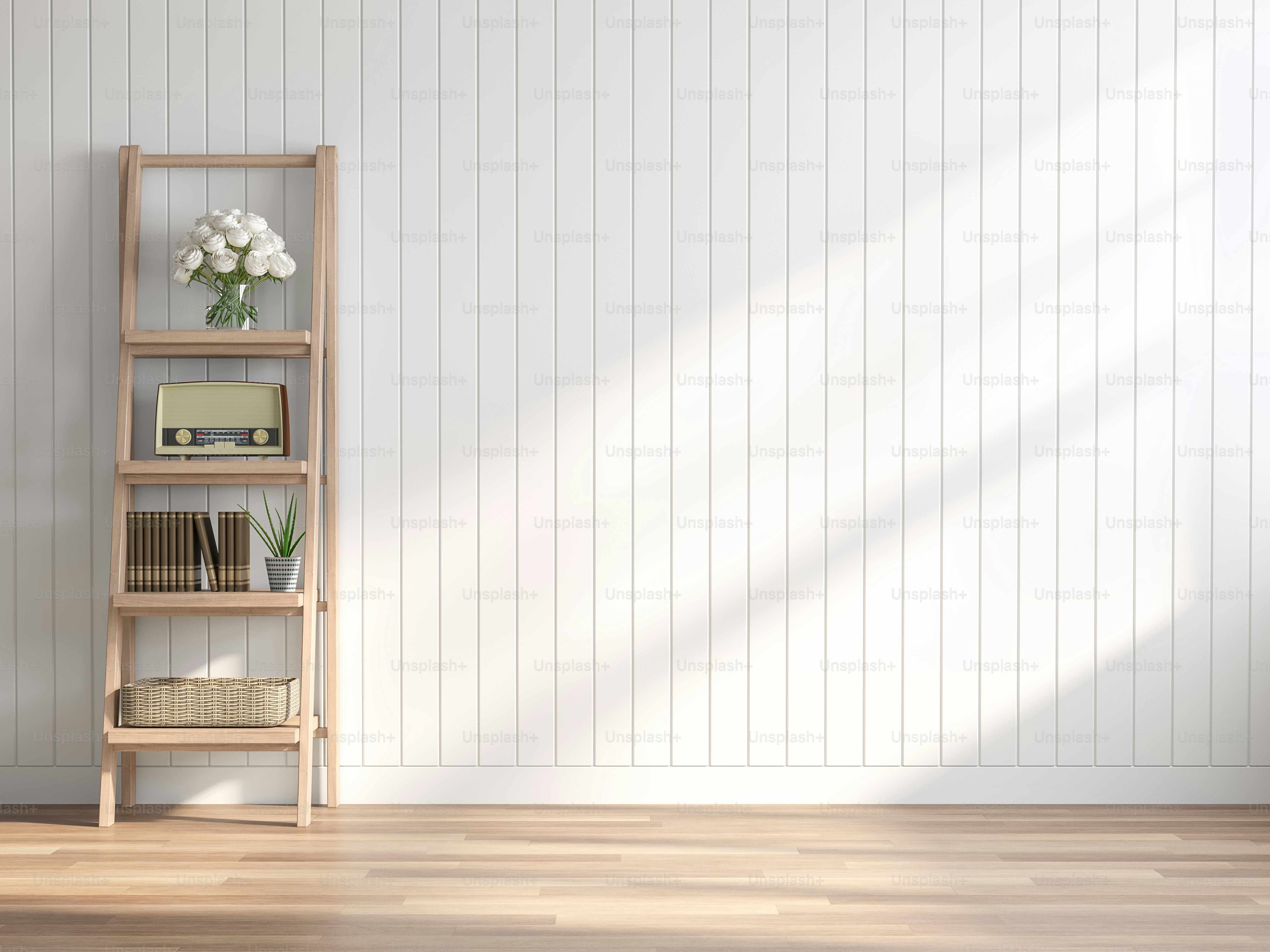 Vintage style empty room 3d render,There are wood floor ,white wood plank wall.Decorated with wooden shelves,The sun shining into the room.