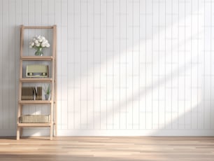 Habitación vacía de estilo vintage render 3d, hay piso de madera, pared de tablones de madera blanca. Decorado con estantes de madera, el sol brilla en la habitación.
