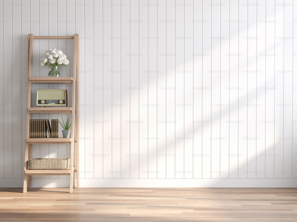 Vintage style empty room 3d render,There are wood floor ,white wood plank wall.Decorated with wooden shelves,The sun shining into the room.