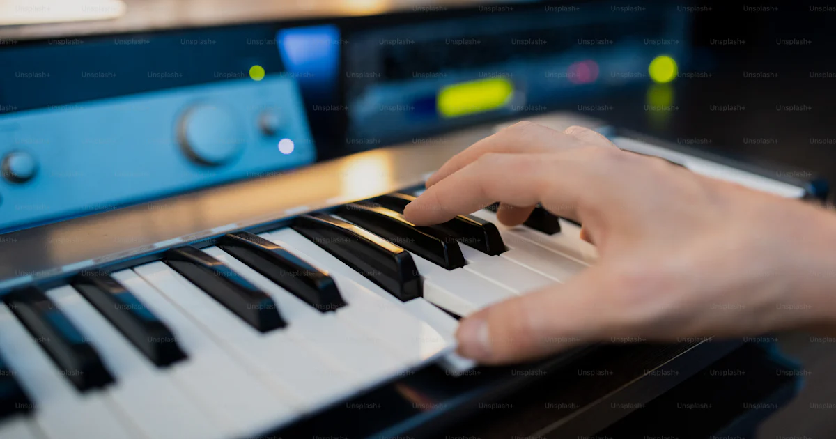 Pressing Musical Instruments Hand of pianist pressing one of keys of piano keyboard while recording ...