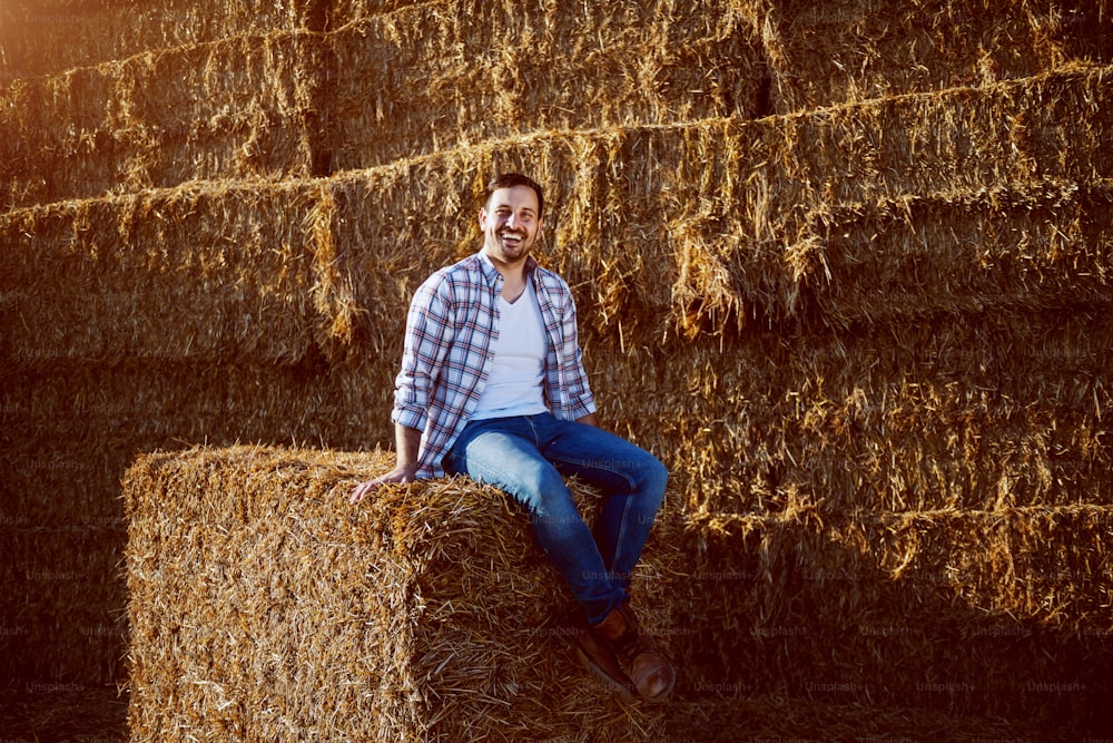Handsome caucasian bearded smiling farmer in plaid shirt and jeans sitting on bale of hay while looking at camera.