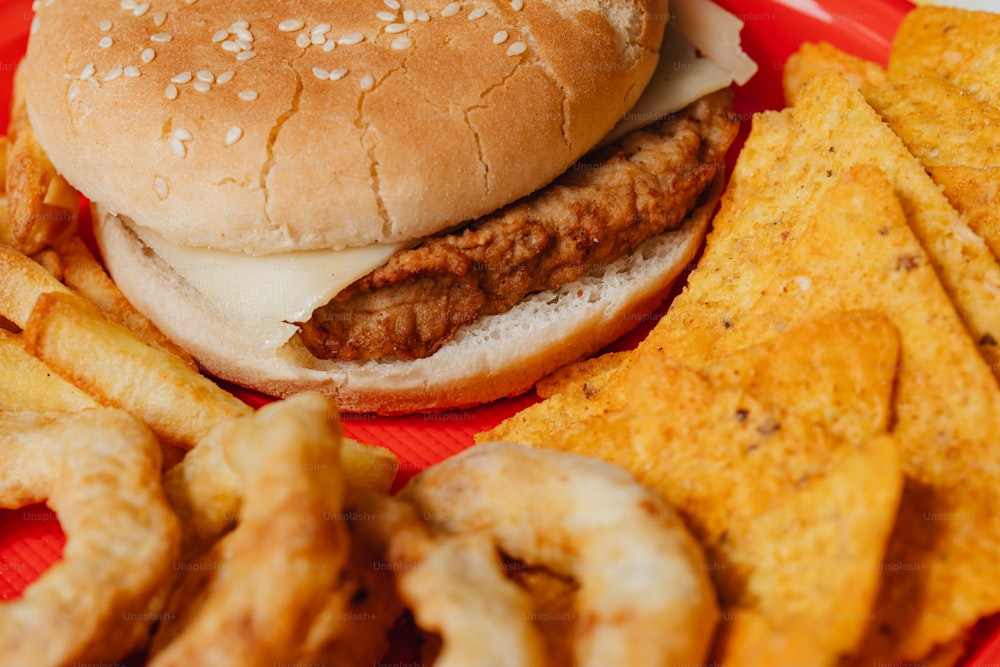un hamburger et des frites sur une assiette rouge