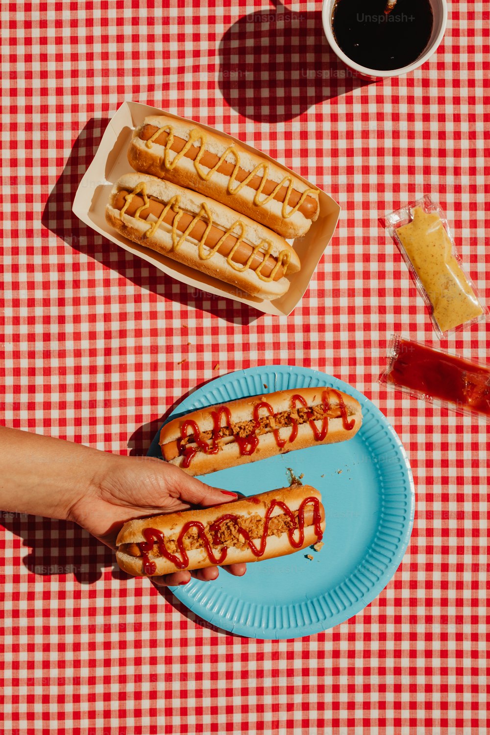 a person holding a hot dog on a plate