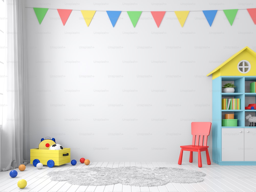 The playroom 3d render has white walls and floors decorated with colorful furniture.The walls are decorated with colorful triangular flags, natural light shines into the room.