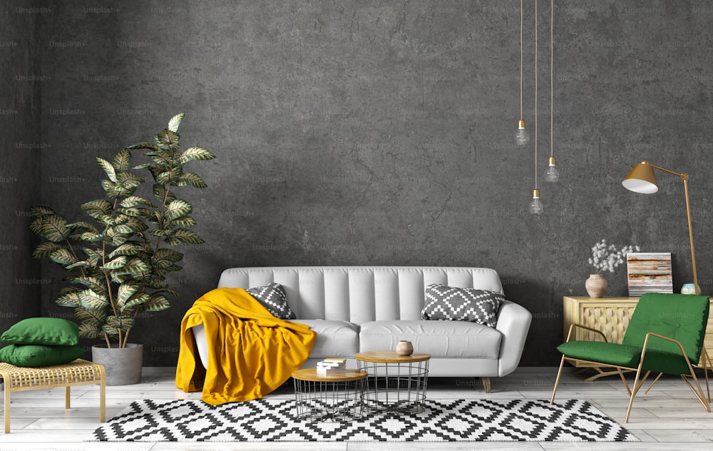 Diseño interior moderno de sala de estar con sofá gris, mesas de café, sillón verde contra pared de hormigón negro renderizado 3D