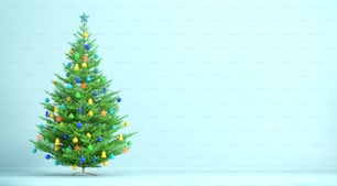 ターコイズの壁に装飾されたクリスマスや新年の木を持つリビングルームの内部とコピー用スペース3Dレンダリング