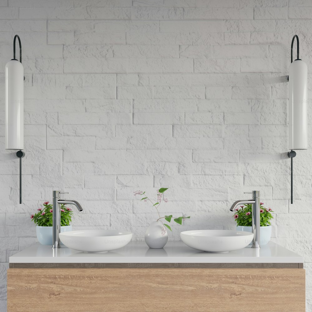 White bathroom sink standing on cabinet shelf. 3d rendering