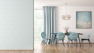 Interior del comedor moderno, mesa azul y sillas contra la pared blanca con gran ventana y cortina, maqueta de pared 3d renderizado