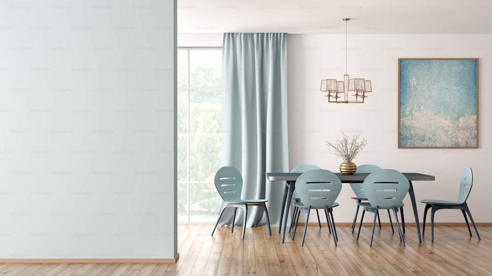 Innenraum des modernen Esszimmers, blauer Tisch und Stühle gegen weiße Wand mit großem Fenster und Vorhang, 3D-Rendering der Wand