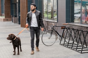 Cara bonito em casualwear segurando coleira enquanto caminha com seu animal de estimação em ambiente urbano